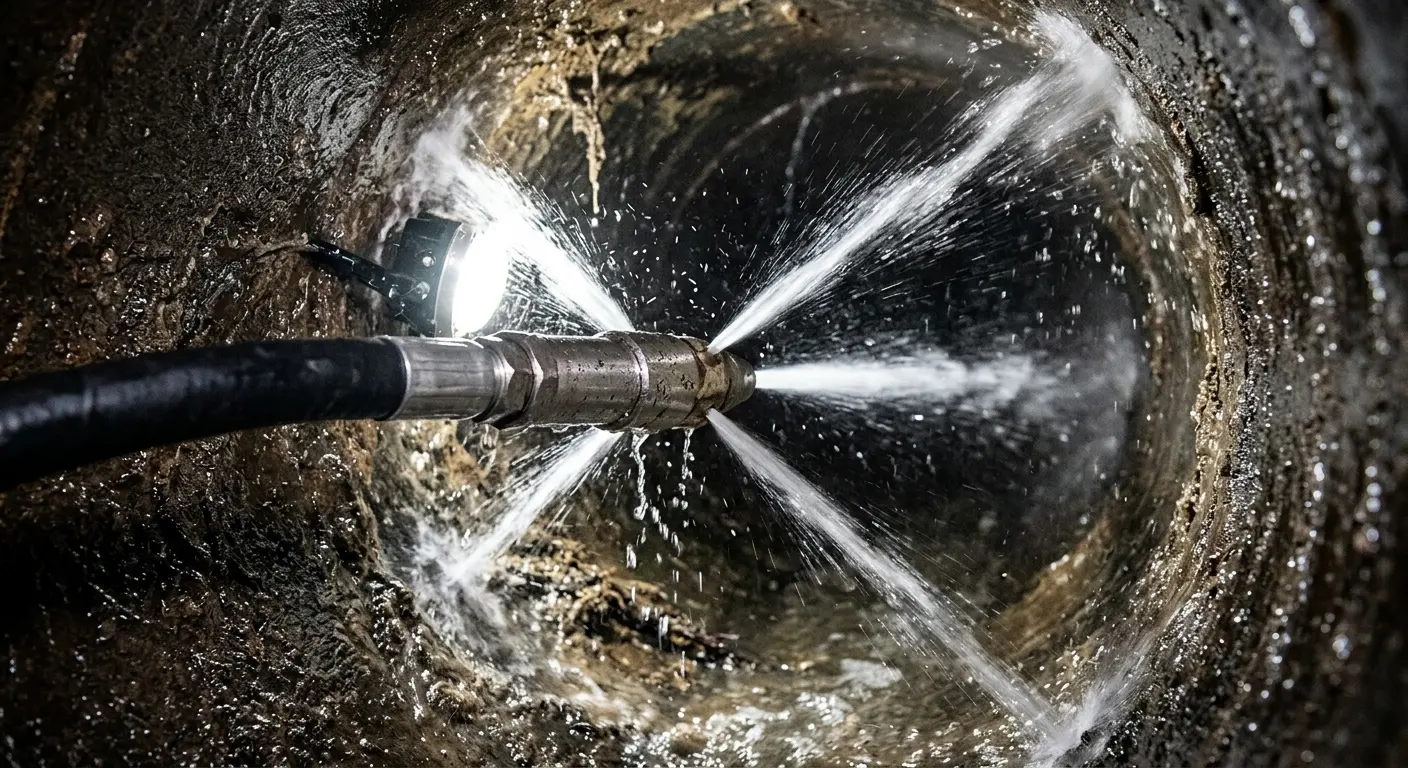 High-pressure hydro jetting nozzle cleaning sewer pipe for Emergency Drain Service in New Philadelphia