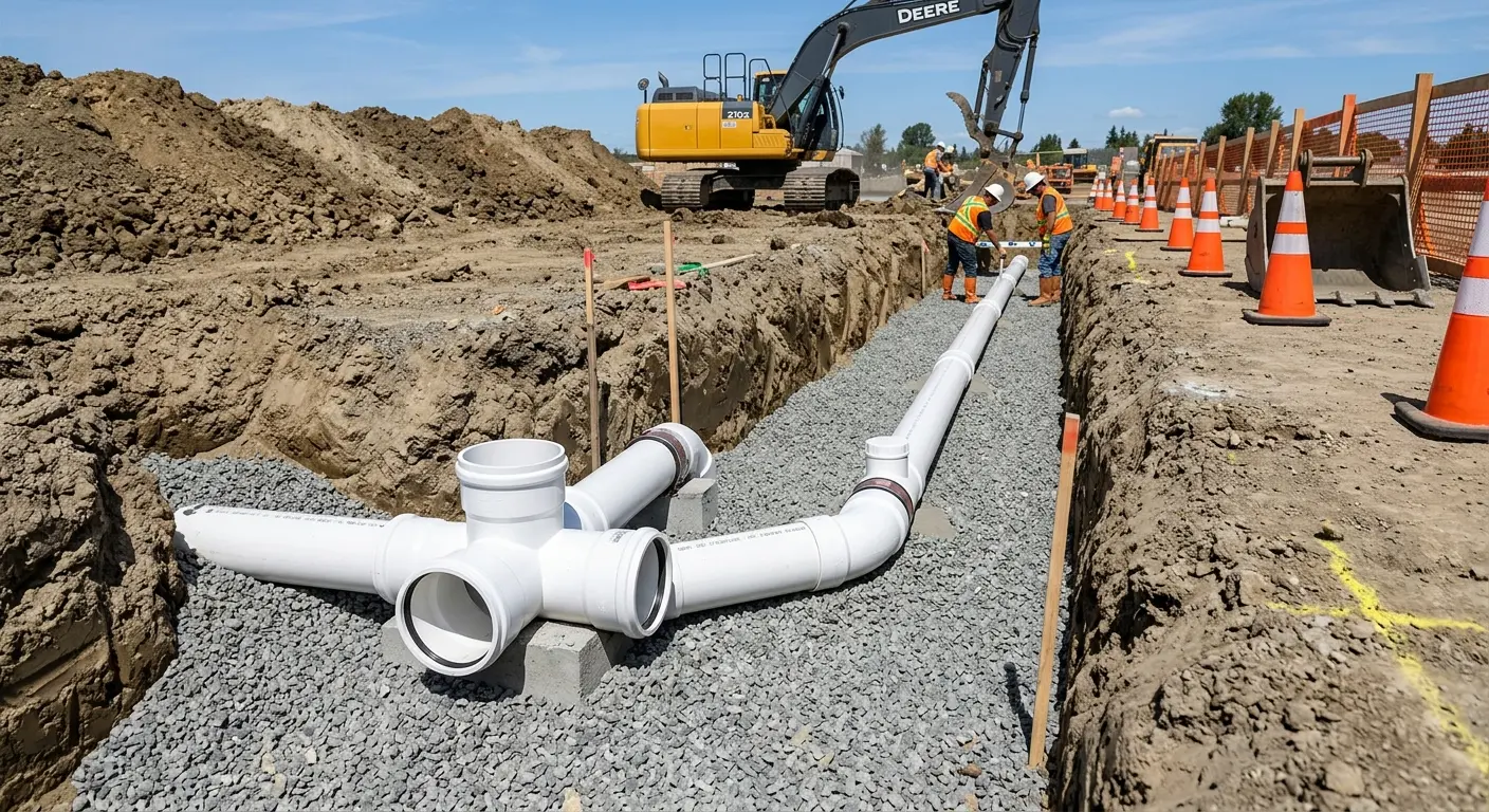 New PVC sewer pipe installation in open trench for Commercial Drain Cleaning in New Philadelphia