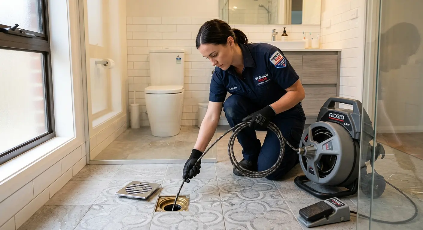 Technician clearing a bathroom floor drain for Clogged Drain Repair in New Philadelphia